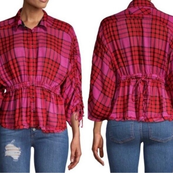 We The Free People Womens Top Red and Pink Distress Boho Button Down - Picture 2 of 11